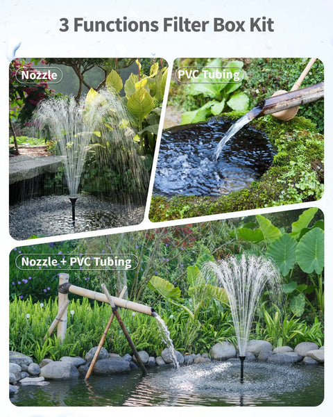 All In One Pond Filter Kit With U V Clarifier, 660 GPH Pump, 40W Power, RGB LED Lights, fountain nozzle in garden pond