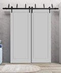 Interior Barn Door Kit Bypass Sliding Doors No Glass MDF 84x96 Black With Full Hardware Included, shown installed in a living room setting.