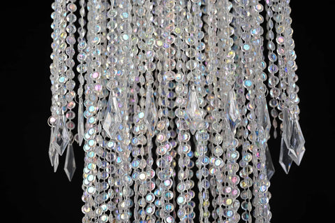 Close-up of Sparkling Iridescent Acrylic Beaded Hanging Chandelier With 4 Tier Beads Pendant Shade Ceiling Lamp With Acrylic Jewel Droplets Ready To Hang No Assembly Size W14 H36.