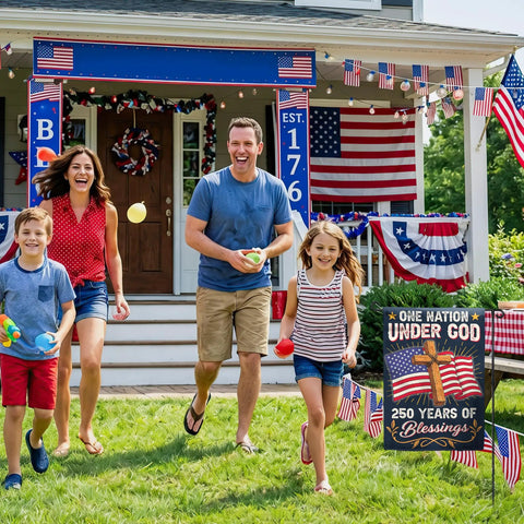 Family celebrating outside with All American 250th Anniversary Garden Flag For Outdoor Use One Nation Under God Cross Design