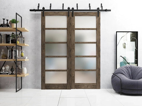 Quadro 4002 Dope Interior Barn Bypass Sliding Doors With Frosted Glass In Black MDF Size 84 By 96 Inches Modern Style Hardware Included Ready To Install.
