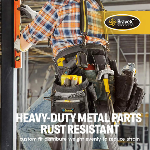 Heavy Duty Tool Belt With 20-Pocket Framer Vest, Yoke-Style Suspenders And Apron Combo, Ultra Durable 1200D Nylon, worn by worker