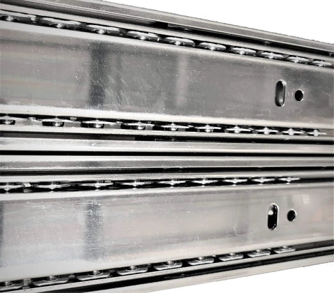 Close-up of 10 Pack 3-Section Full Extension Drawer Slides With Ball Bearing Side Mount, 100 Lb Capacity, 14 Inch Length.