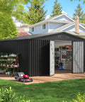 14x12 Ft Metal Outdoor Storage Shed With Lockable Door And Sloped Roof For Heavy Duty Weatherproof Galvanized Steel Construction Perfect For Large Backyard Garden Lawn Patio Tool Storage Shed, open with gardening tools visible inside