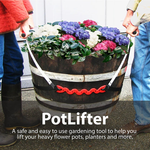 PotLifter plant mover lifting a barrel-style wooden planter filled with hydrangeas; white straps and a red center handle