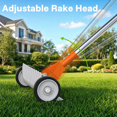 Heavy Duty 15 Inch Dethatching Rake With Wheels 21 Steel Teeth To Clear Thatch And Dead Grass Fast Yard Work Ready Adjustable Long Handle Lawn Rake for Loosening Soil and Gathering Leaves Metal Construction With Smooth Rolling Wheel Design