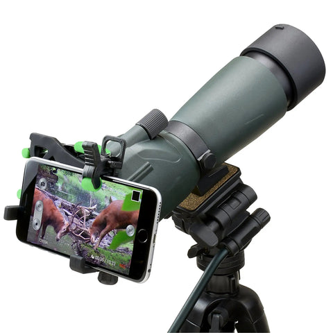 HookUpz Two Point Zero Universal Smartphone Optics Digiscoping Adapter mounted on telescope capturing wildlife photo