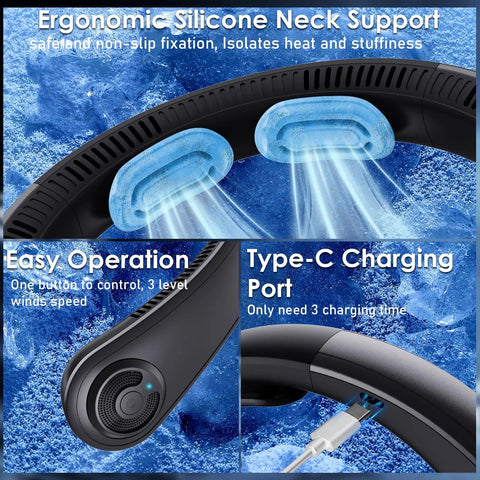Ergonomic Wearable Neck Fan With Support And 5 Speeds Ultra Lightweight Personal Cooler, Type-C Port, and Easy Operation Button