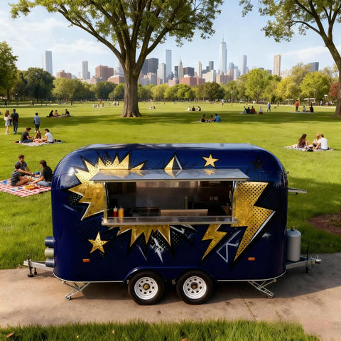 No Fuss Commercial Hot Dog Truck Trailer With Stainless Steel Catering Cart parked in a green park, showcasing built in grill.
