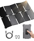 Portable 35W Solar Panel Charger With Fast USB C PD 25W And USB A Folding Solar Charger, grey, with cable and hooks