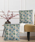 Block Print Asparagus Green Pillow Covers 16x16 Set of 2, farmhouse floral cotton covers on chair and floor