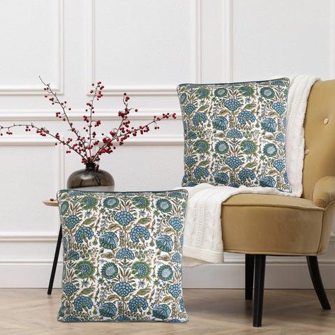 Block Print Asparagus Green Pillow Covers 16x16 Set of 2, farmhouse floral cotton covers on chair and floor