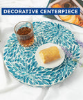 Lazy Susan Turntable Organizer With Mother Of Pearl Inlay, 12.5-inch wood tray with biscuit and drink on blue floral pattern.