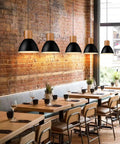 Industrial Pendant Light For Kitchen Island 8 Inch Solid Wood Hanging Lamp With Matte Black Metal Shade in dining area