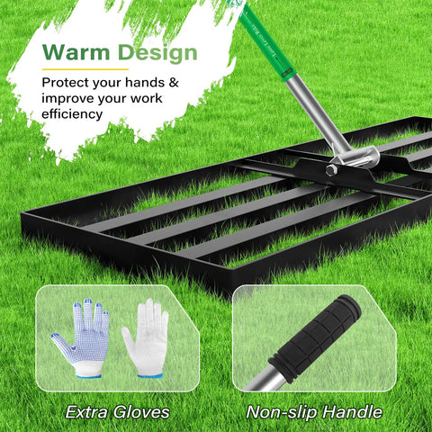 Extra Wide Lawn Leveler Rake With Heavy Duty Yard Leveling Tool 48 By 10 Inch Adjustable Steel Extendable Handle Ideal For Garden Golf Lawn And Farm Smooths Soil Removes Stones Fixes Slopes featuring non-slip handle and gloves