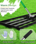Extra Wide Lawn Leveling Rake 36 By 10 Inch With Adjustable Steel Handle, Heavy Duty Yard Leveler with gloves and grip details.