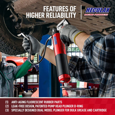 Mechanic using Heavy Duty 6000 PSI Grease Gun With Quick Release Coupler Pistol Grip Kit 14 Oz Capacity 18 Inch Flex Hose Red