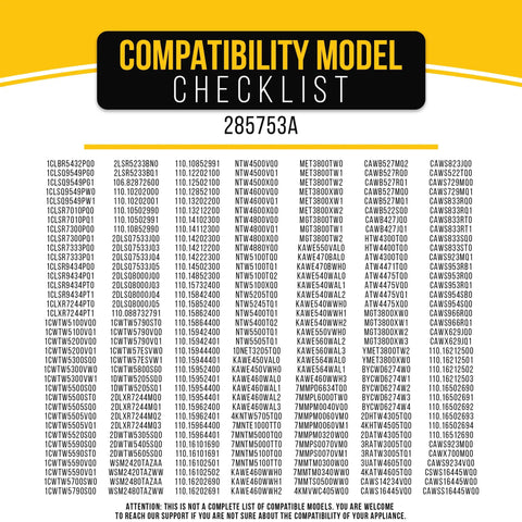 Compatibility model checklist for Motor Coupler Replacement Kit For LSB6500PW0 Washer Drive Motor with part number 285753A.