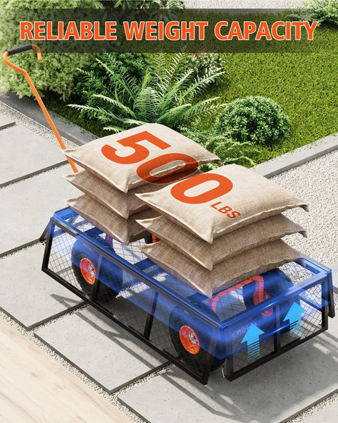 Heavy Duty Steel Garden Cart With 500 Lbs Capacity 3 In 1 Pullable Wagon loaded with stacked bags on a patio
