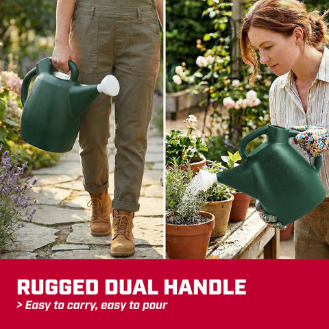 Person using 2 Gallon Watering Can For Indoor And Outdoor Plants With Removable Nozzle And Drip Free Sprinkler Head Recycled Plastic Build Easy Pour Spout