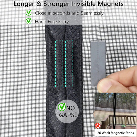 Close-up of Upgraded Reinforced Magnetic Screen Door For Sliding Doors Fits 72x80 Inches showing magnets and mesh detail.