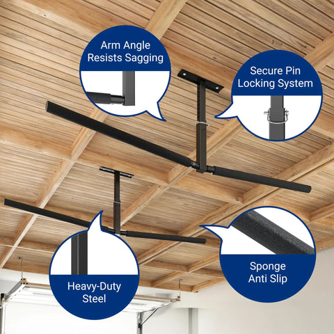 2 Pack Double Arm Overhead Ladder Rack For Garage Ceiling Storage, showing heavy-duty steel construction and anti-slip sponge