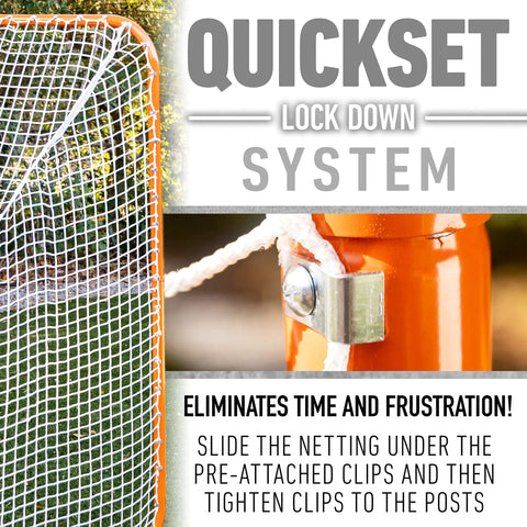 Official 6x6 Lacrosse Goal With Quikset Net Attachment For Quick Setup showing close-up of net clips and frame mechanism