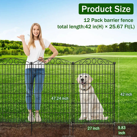 Decorative No Dig Garden Fence With Gate, 12 Panel Set, 42 Inch High, metal wire panels shown with person and dog