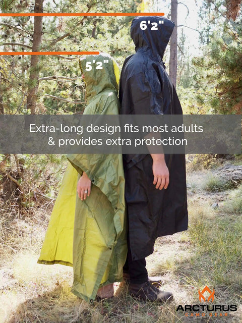 Two adults wearing Ultra Lightweight Ripstop Nylon Rain Poncho With Adjustable Hood Camouflage Pattern in forest setting