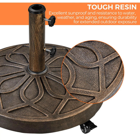 Heavy Duty Round Umbrella Base With Four Lockable Wheels And Two Knobs Antiqued Bronze Outdoor Stand For 20 Inch Market Patio Umbrellas