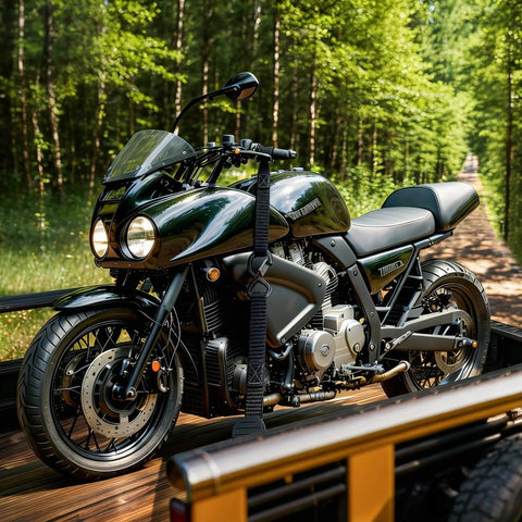 Four Pack Heavy Duty Black Ratchet Straps One Inch By Fifteen Feet securing a motorcycle on a trailer in a forest.