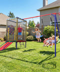 6 In 1 Backyard Swing Set With Trampoline, Slide, Saucer Swing, Belt Swing, Dartboard, And Basketball Hoop in use by kids