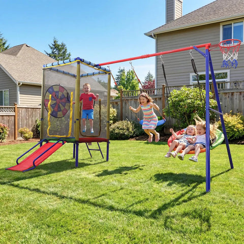 6 In 1 Backyard Swing Set With Trampoline, Slide, Saucer Swing, Belt Swing, Dartboard, And Basketball Hoop in use by kids