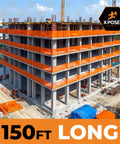 Building wrapped in Debris Defense Netting for Construction Sites Heavy Duty 5.5 ft by 150 ft Scaffold Safety Net One Quarter Inch Mesh Temporary Roll High Visibility Orange Fire Retardant Protects Workers Pedestrians