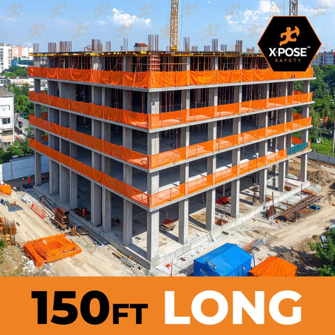 Building wrapped in Debris Defense Netting for Construction Sites Heavy Duty 5.5 ft by 150 ft Scaffold Safety Net One Quarter Inch Mesh Temporary Roll High Visibility Orange Fire Retardant Protects Workers Pedestrians