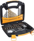 Front view of Amazon Basics 100-piece drill and driver bit set in black and orange storage case with assorted drill bits