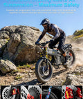 Heavy Duty Fat Tire Electric Bike Featuring Badass 6000 W Dual Motor Kickin 46 Mph Speed and a Massive 255 Mile Range Battery with air suspension and dual front brakes on rocky terrain.
