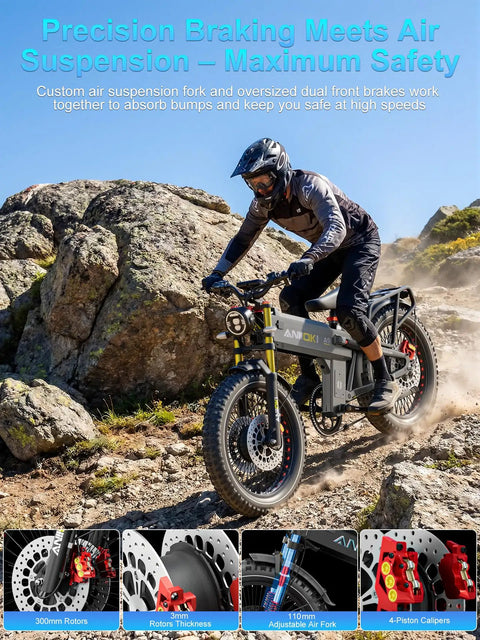 Heavy Duty Fat Tire Electric Bike Featuring Badass 6000 W Dual Motor Kickin 46 Mph Speed and a Massive 255 Mile Range Battery with air suspension and dual front brakes on rocky terrain.