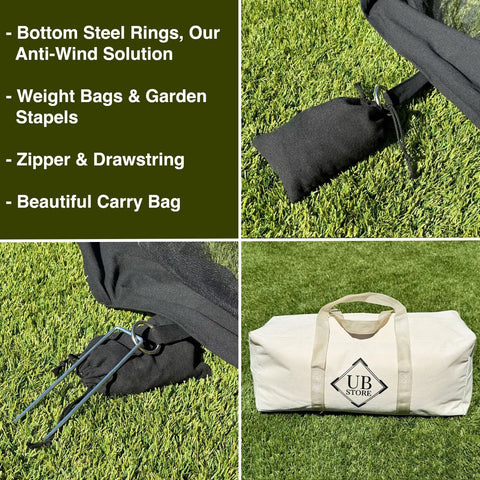 Gigantic Outdoor Patio Mosquito Net 13 By 10 Feet For Gazebo Porch And Garden Terrace Heavy Duty Insect Screen Canopy accessories, including weight bags, zippers, and carry bag on grass.