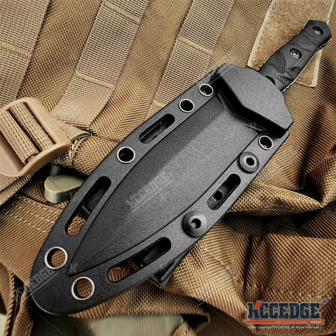 Survival Knife With An 8 Inch Fixed Blade And Molle Compatible Sheath resting on tan gear