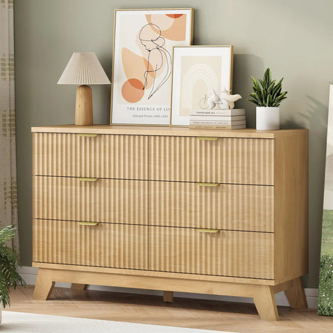 Fluted Dresser for Bedroom With Six Drawers and Totally Modern Oak Finish 48 Inch Wide Wooden Dresser TV Stand With Metal Handle