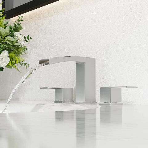8 Inch Widespread Brushed Nickel Bathroom Faucet With Three Holes And Two Handles Waterfall Style Includes Pop Up Drain Assembly
