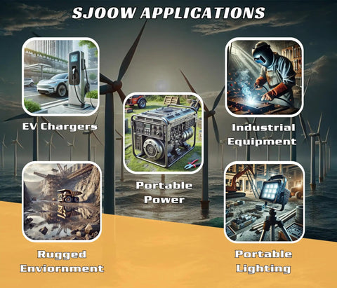 SJOOw Applications featuring EV Chargers, Industrial Equipment, Portable Power, and Portable Lighting in a rugged environment.