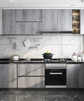 Modern kitchen with Gray Wood Grain Contact Paper 24x200 Self Adhesive Peel And Stick for Cabinets applied on wooden cabinets.