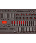 Drop Dead Solid 73 Piece Impact Socket Set With 3/8 And 1/2 Inch Drive Metric Deep Regular Sockets arranged in EVA storage case.