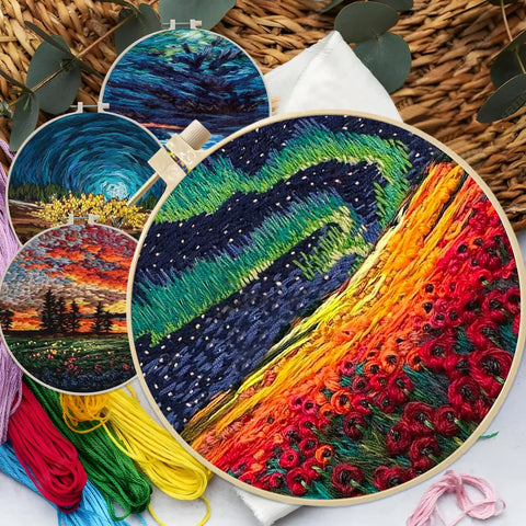 Beginner Embroidery Starter Kit With Pattern Pack And Hoop, All In One DIY Set For Adults, includes colorful landscape designs.