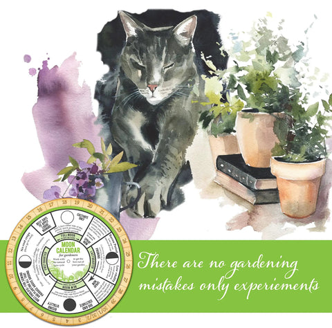 Moon Phase Garden Calendar For Planting Pruning And Sowing An Easy Dial Moon Planner with watercolor cat and garden scene
