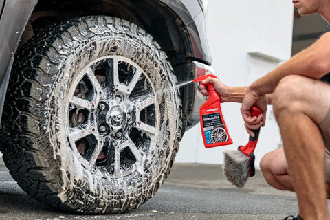 Foaming Wheel And Tire Cleaner For Cars Safe On Factory Coated Wheels Thick Foam Lifts Brake Dust And Grime Cleans Wheels And Tires At Once 24 Oz Great For Everyday Detailing And Wheel Care At Home Or Shop. spray bottle cleaning muddy alloy wheel
