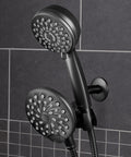 Close-up of the 2 In 1 Dual Shower System With Rain Head And 7-Mode Handheld Shower Head Matte Black With One Touch Switching.