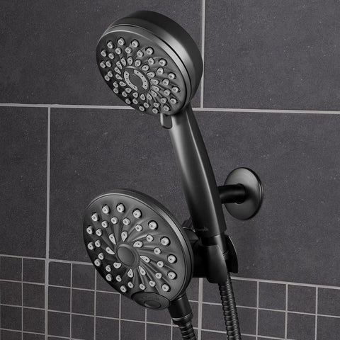 Close-up of the 2 In 1 Dual Shower System With Rain Head And 7-Mode Handheld Shower Head Matte Black With One Touch Switching.